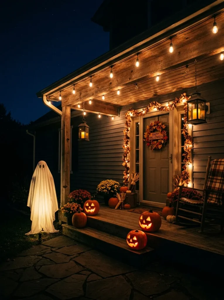 Porch at night with lights for the porch including lanterns, string lights, and uplit ghost