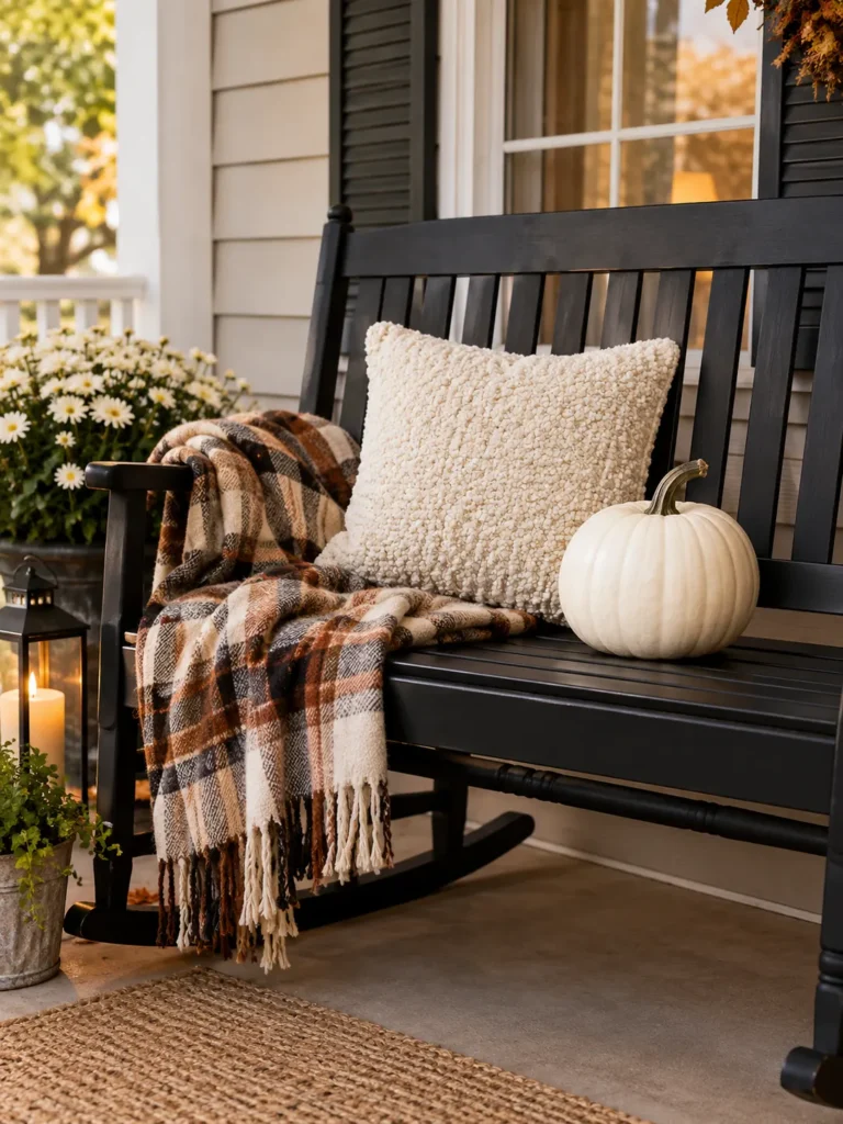 Porch bench with plaid blanket, textured pillow, and pumpkin for cozy fall porch decor