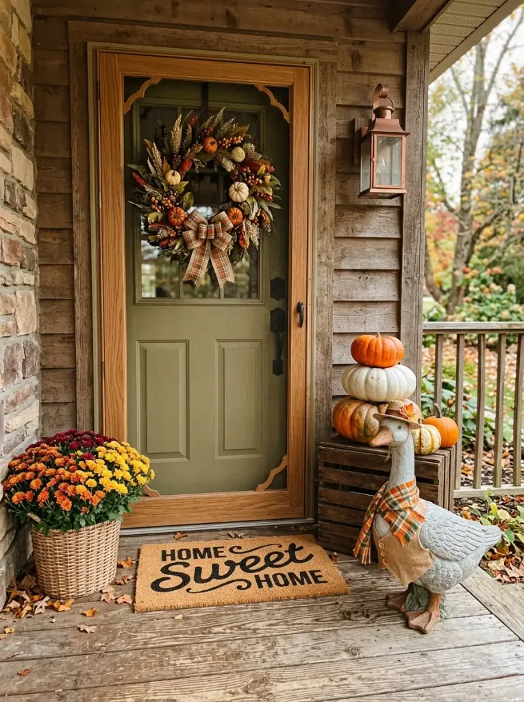 Porch goose in a harvest outfit styled with pumpkins, wreath, doormat, and mums
