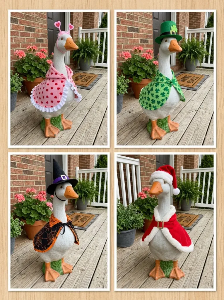 Porch goose in four seasonal outfits for Valentine’s Day, St. Patrick’s Day, Halloween, and Christmas