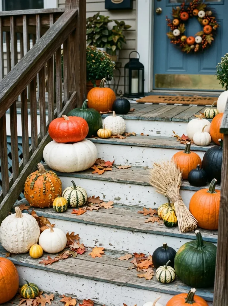 Porch steps with pumpkins in orange, white, green, and black for Halloween porch decorations
