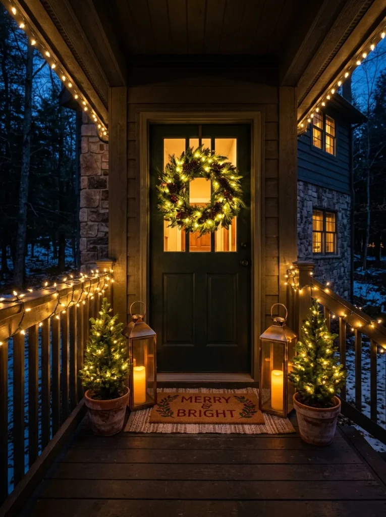 Porch with lights, lanterns, potted trees, and a doormat finishing a Christmas door display.