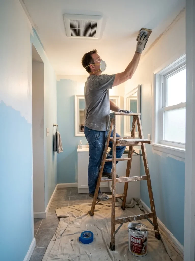 Preparing a bathroom ceiling with sanding and primer before adding ceiling decor