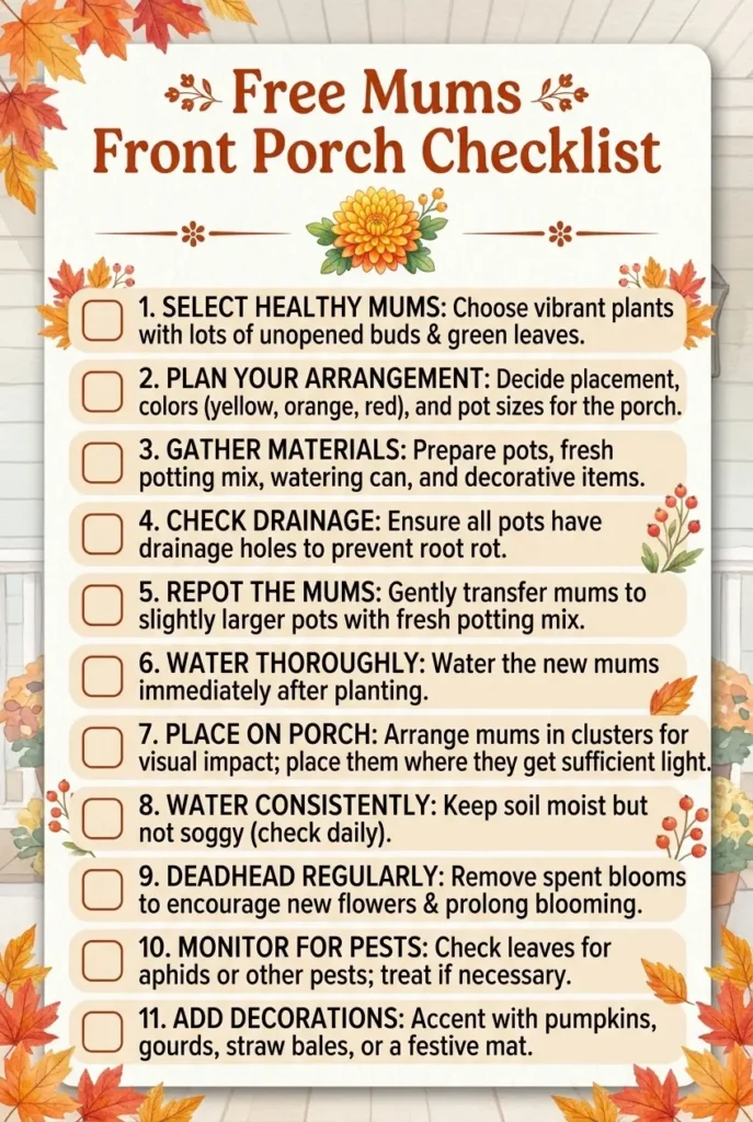 Printable mums front porch checklist with eleven decorating steps