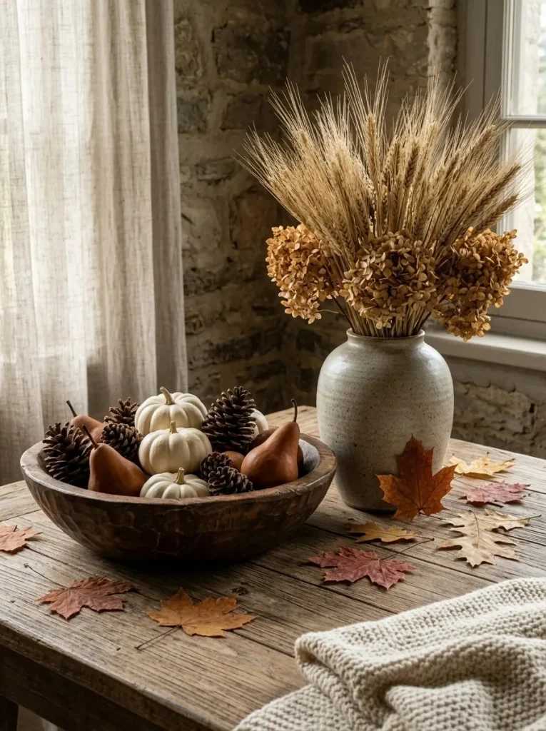 Pumpkins, dried stems, and foliage used in autumn living room decor
