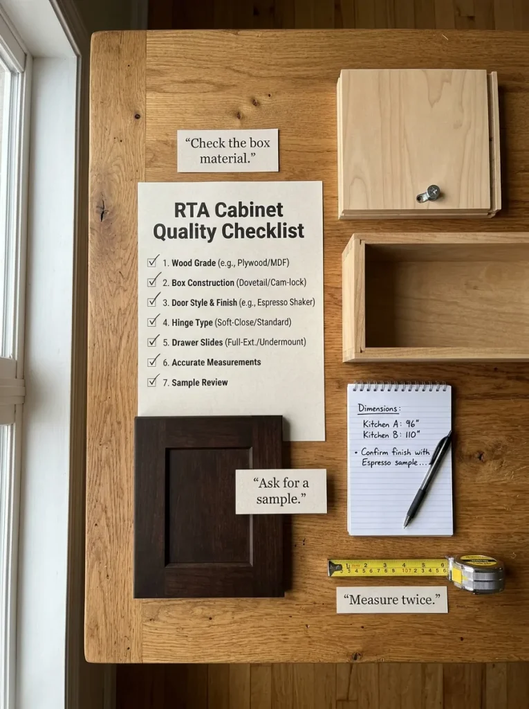 RTA cabinet buying checklist with an espresso door sample, hinge, drawer box, tape measure, and notepad