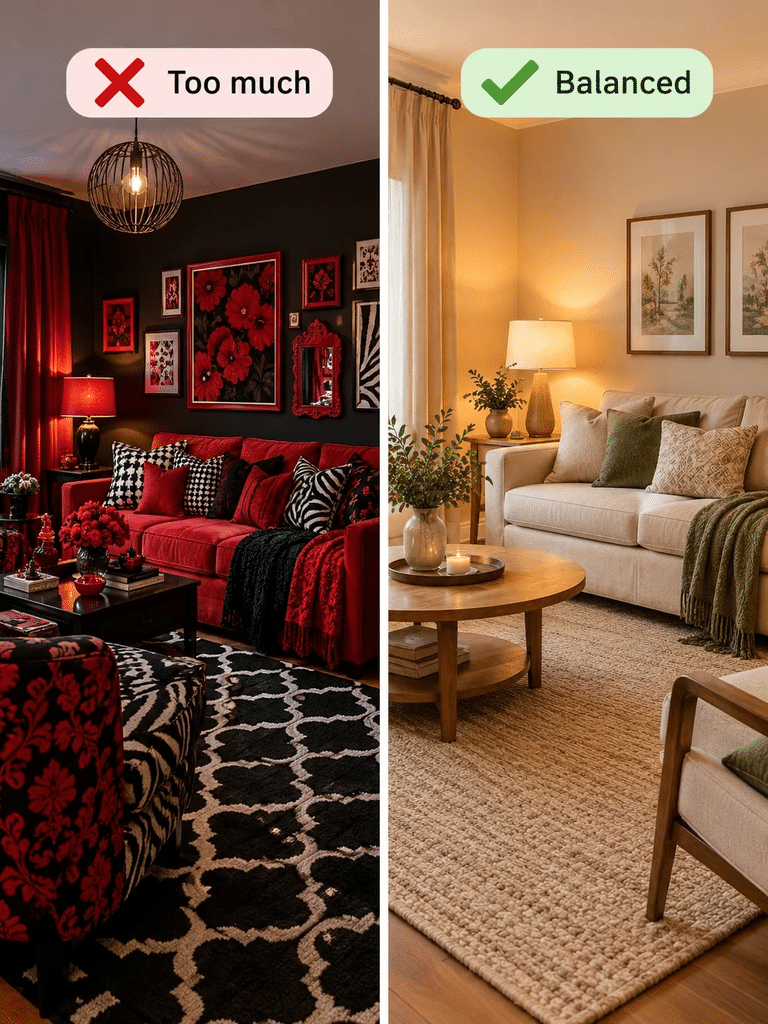 Red and black living room decor mistakes compared with a balanced room