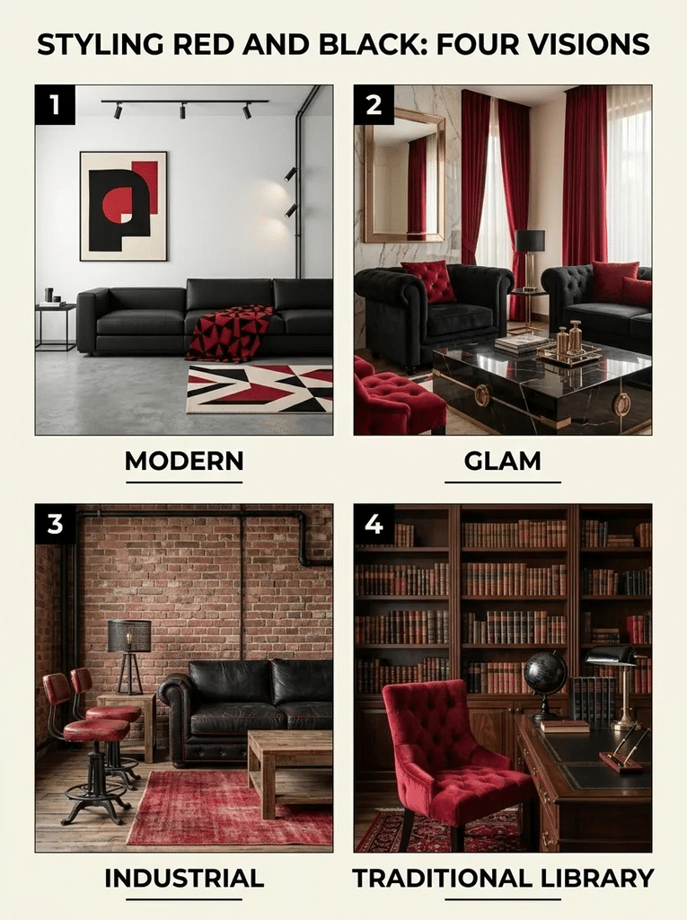 Red and black living room decor styles shown side by side