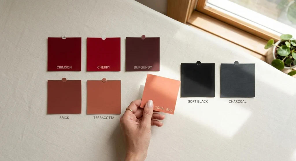 Red and black paint swatches tested on a living room wall