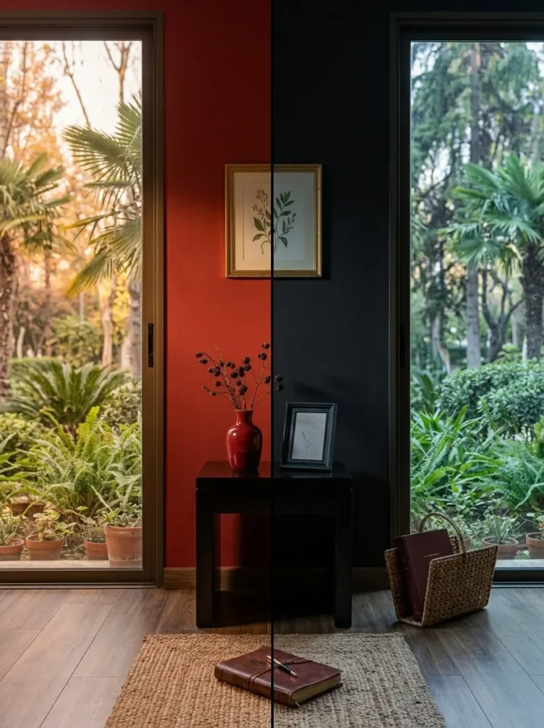 Red and black wall colours meeting in a modern living room corner