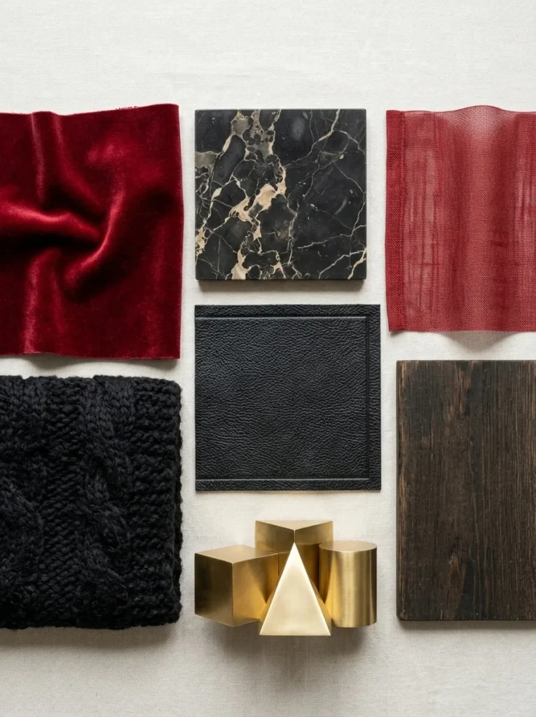 Red velvet, black leather and marble textures for living room decor