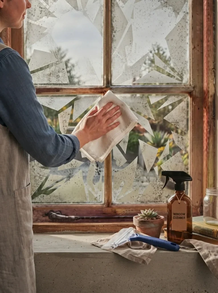 Removing fall window paint with a damp cloth and spray bottle