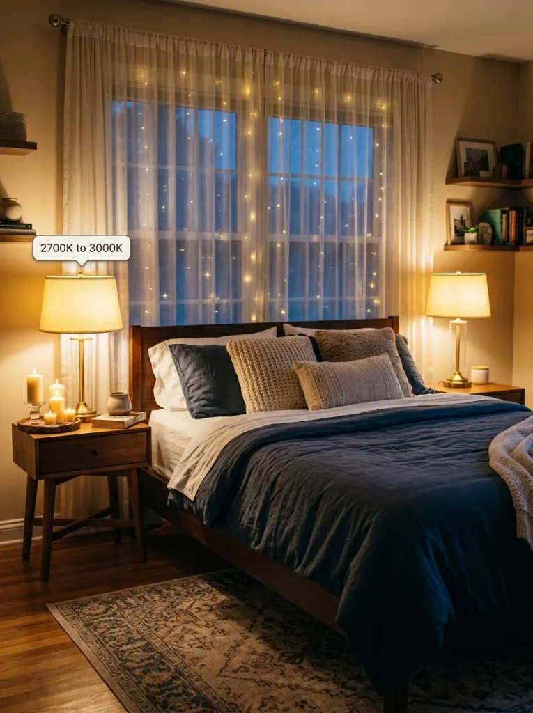 Romantic bedroom lighting ideas with lamps, candles, and string lights.