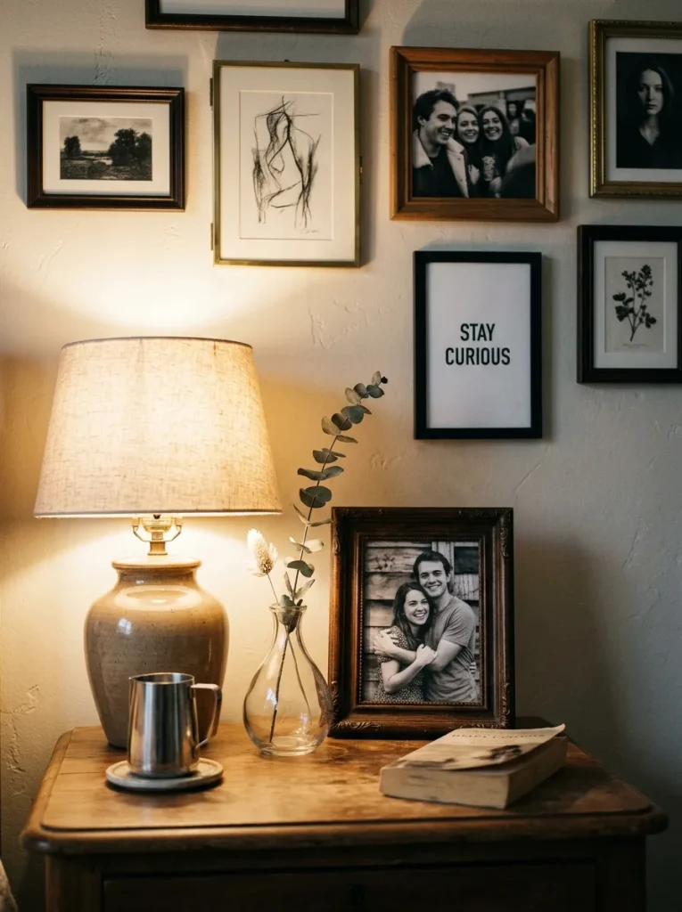 Romantic wall art and personal details above a bedroom nightstand.