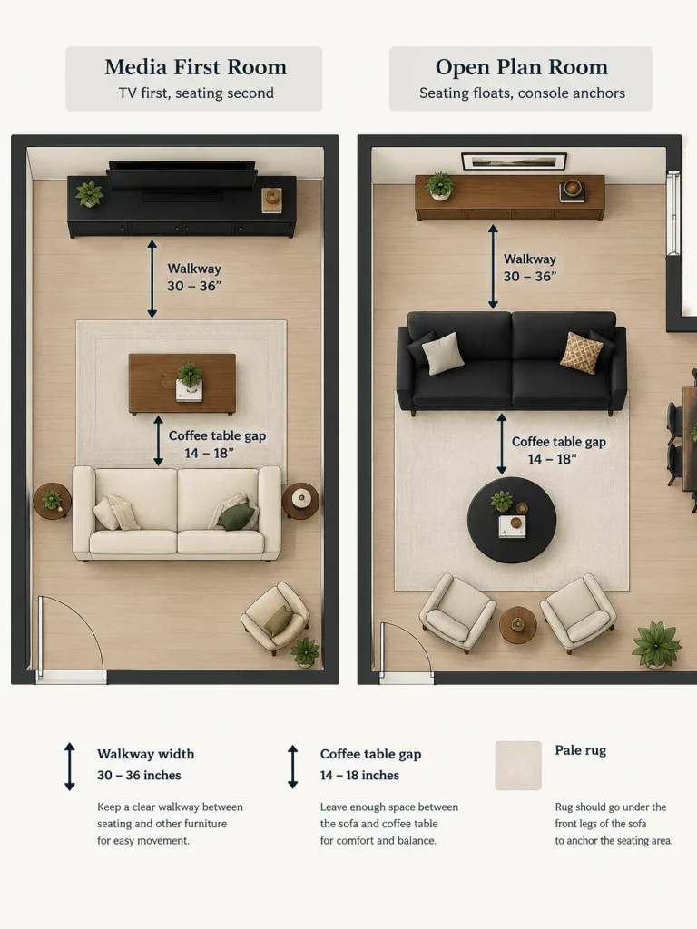 Room layout diagram for a black living room set with walkway and coffee table distances