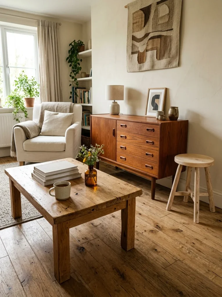 Rustic living room with mixed warm wood tones in coffee table, sideboard, and oak floor