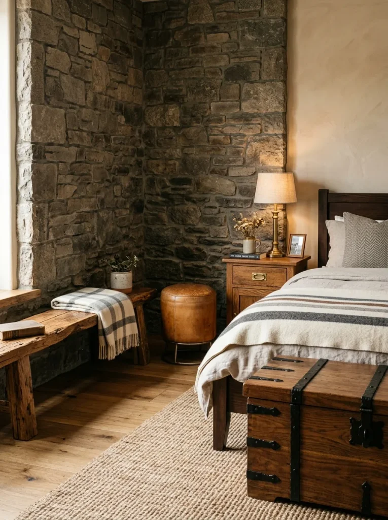 Rustic wood chest, bench, and stone wall in a viking bedroom decor design