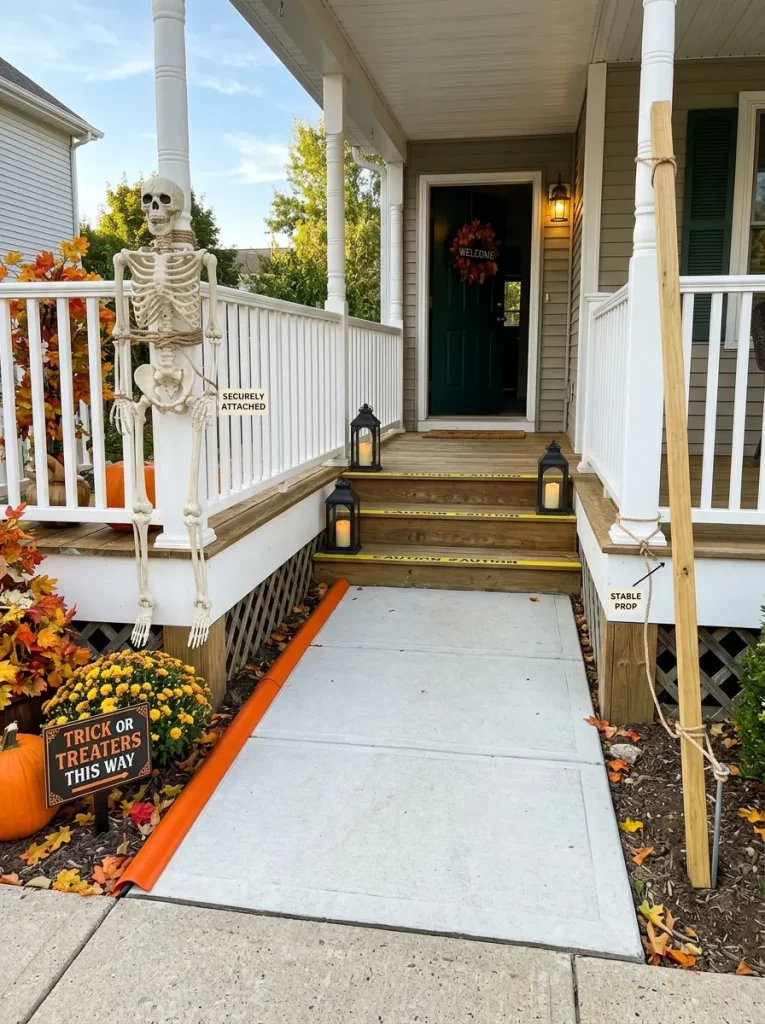 Safe outdoor Halloween decor with anchored skeleton, covered cord, battery candles, and clear path