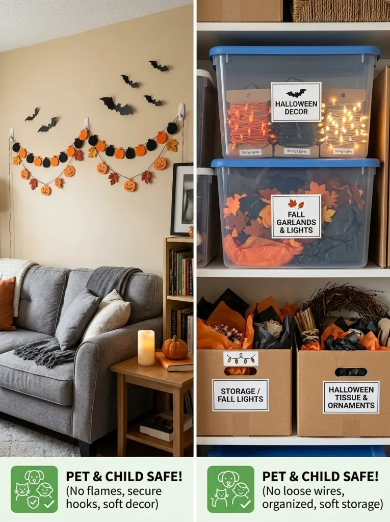 Safety, small space, and storage tips for Halloween decorations indoor.