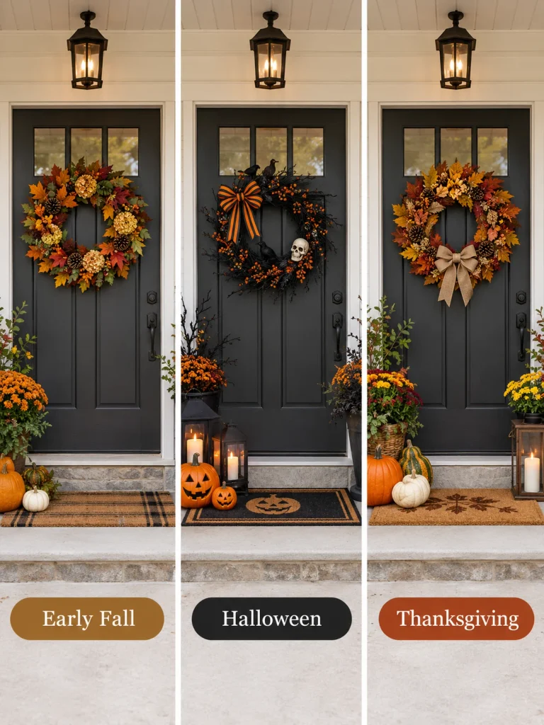 Same front door styled for early fall, Halloween, and Thanksgiving