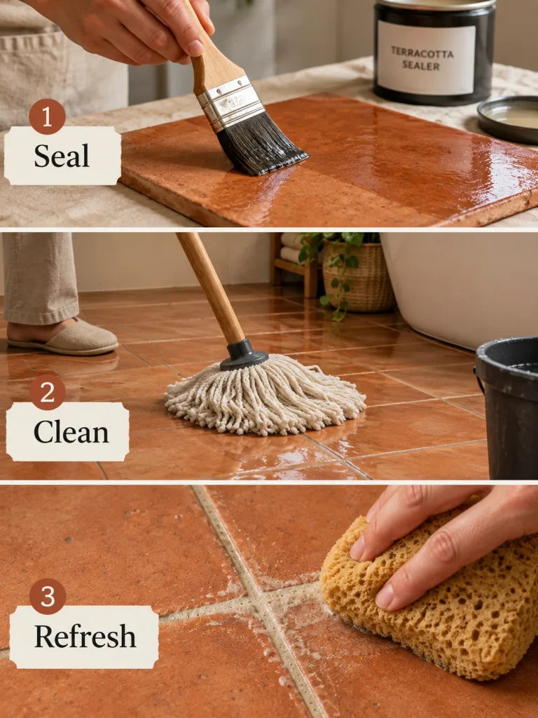 Sealing and cleaning terracotta bathroom tiles at home