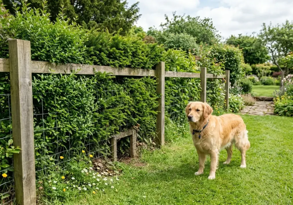 Secure garden fence with hedge keeping a dog safe in the yard