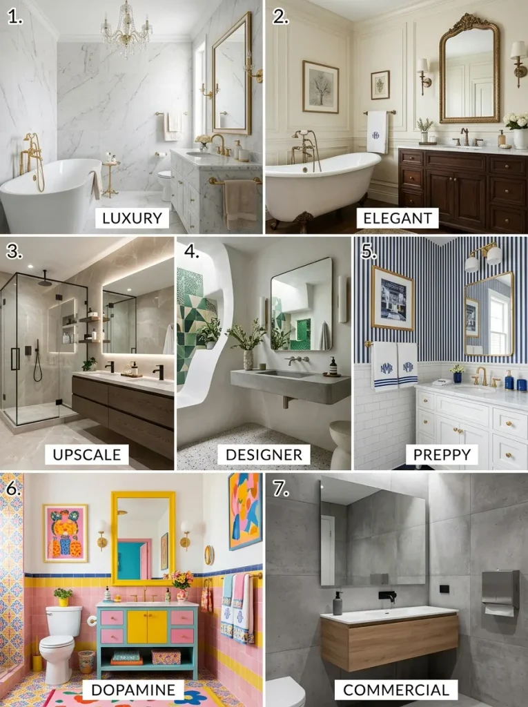 Seven fancy bathroom decor styles, from luxury to commercial.