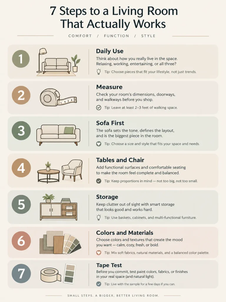 Seven-step checklist showing how to choose living room furniture from measuring to the tape test