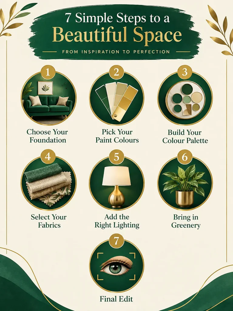 Seven step plan for decorating a living room in emerald green