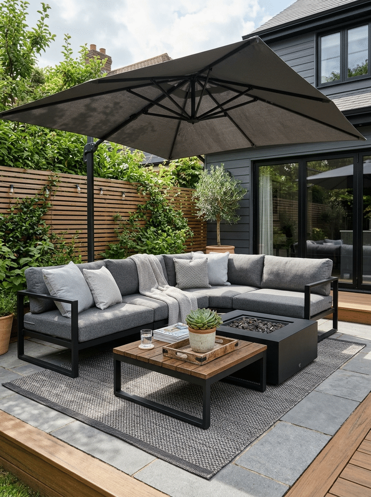 Modern garden furniture and patio decor with a sofa, rug, fire pit, and shade.