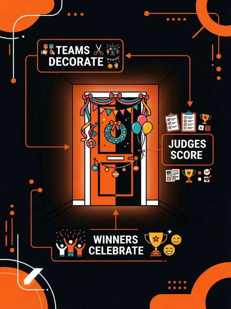 Simple diagram showing how a Halloween door decorating contest works