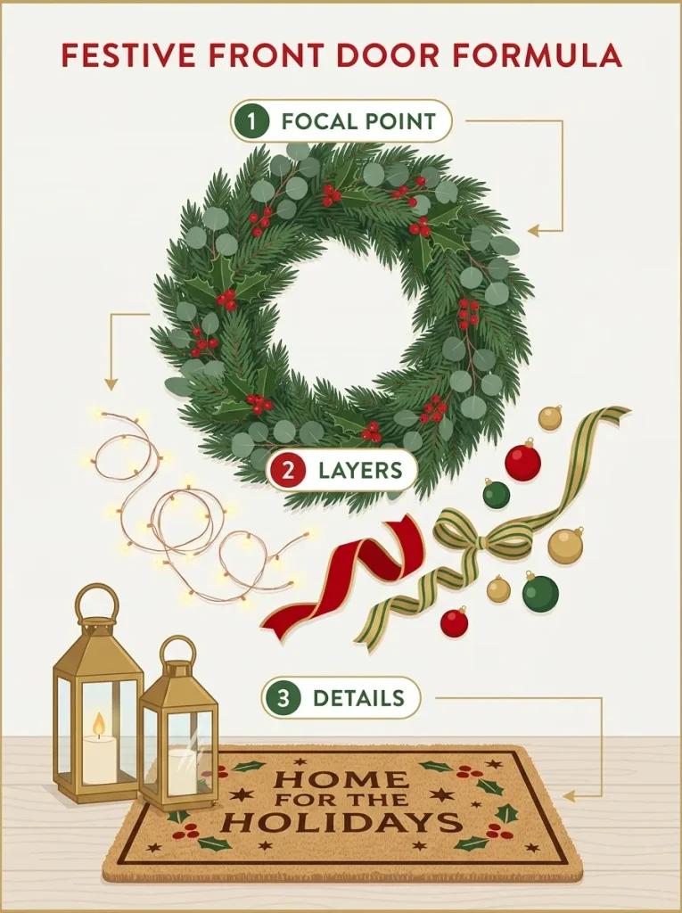 Simple formula showing ways to decorate a door for Christmas with a focal point, layers, and details.