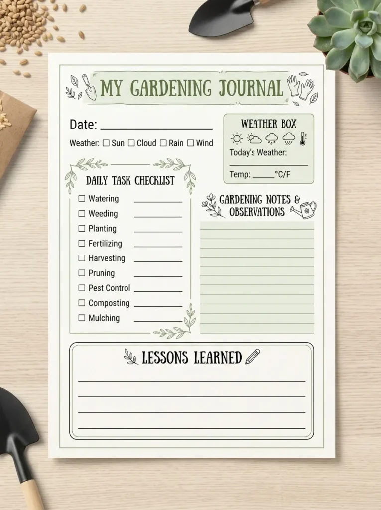 Simple gardening journal template with sections for weather, tasks, notes, and lessons