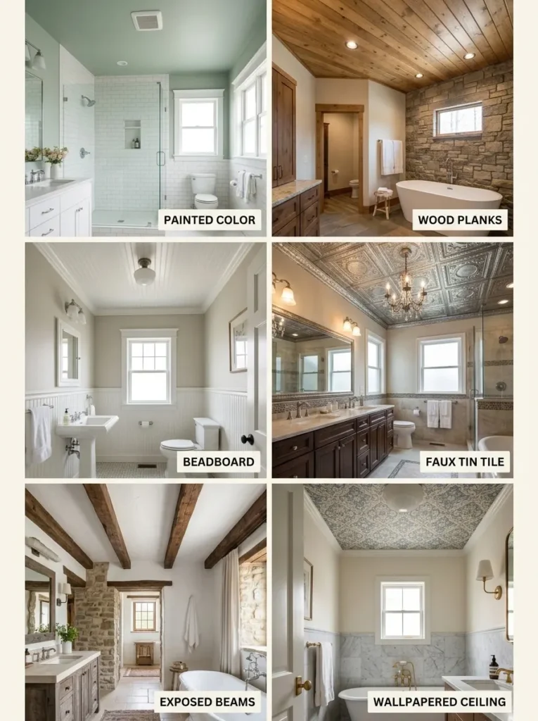 Six bathroom ceiling decor ideas including paint, wood planks, beadboard, and beams
