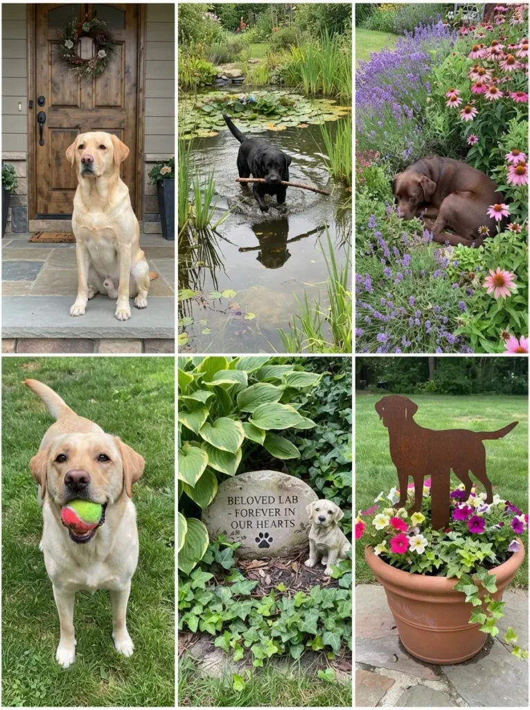 Six black lab garden decor ideas including statues, a memorial piece, and a garden stake