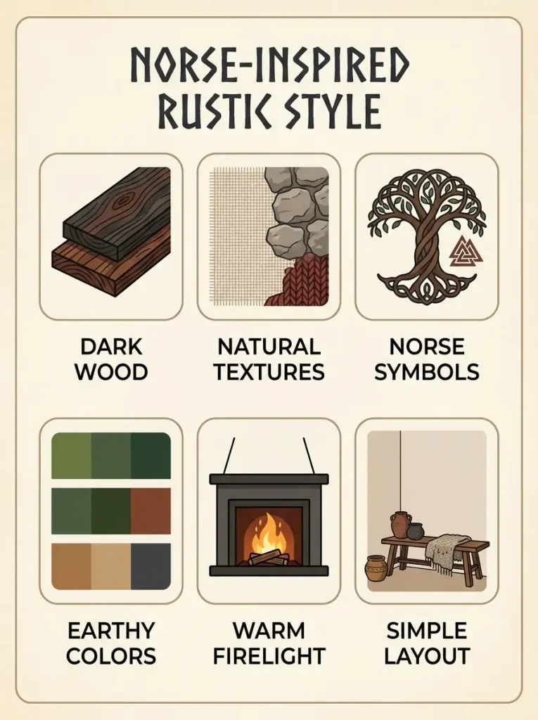 Six core elements of viking bedroom decor shown as simple icons