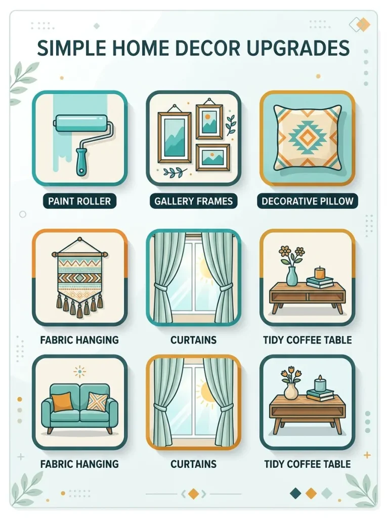 Six easy DIY living room decor ideas shown as icons: paint, gallery wall, pillows, wall hanging, curtains, and decluttering.