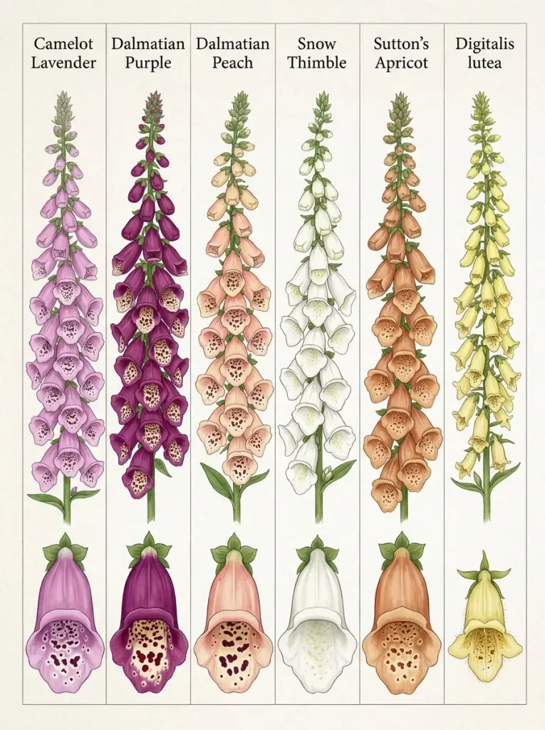 Six foxglove varieties compared by color including lavender, purple, peach, white, apricot, and yellow