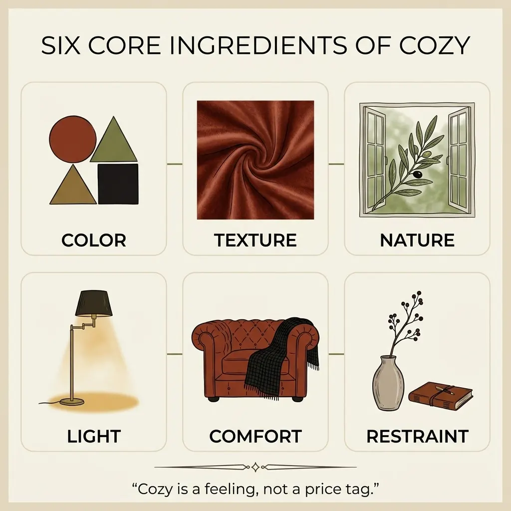 Six ingredients of cozy autumn living room decor shown as an infographic