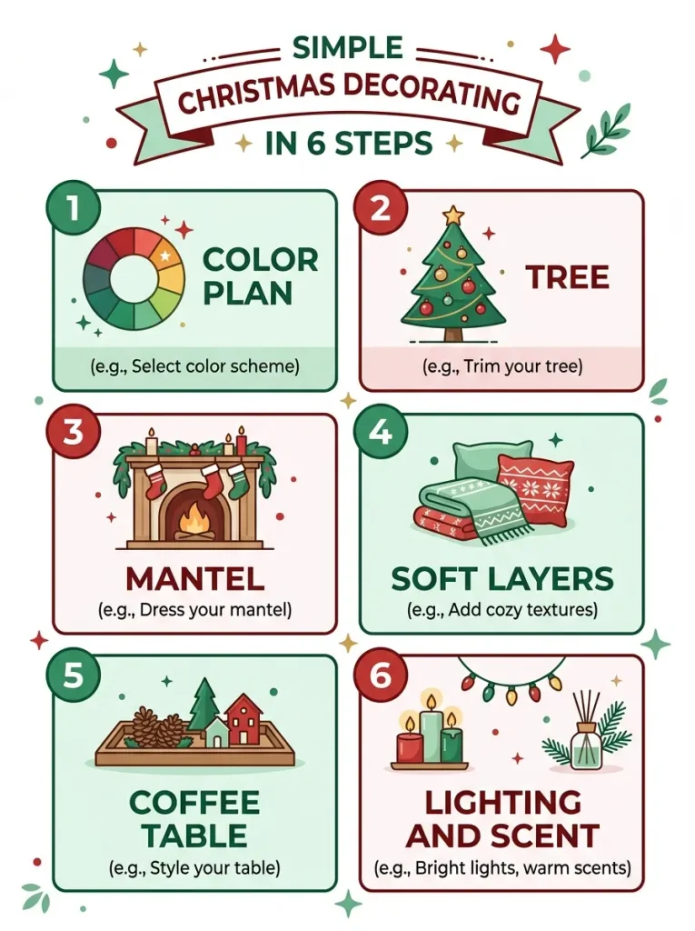 Six step checklist showing how to decorate a living room for Christmas