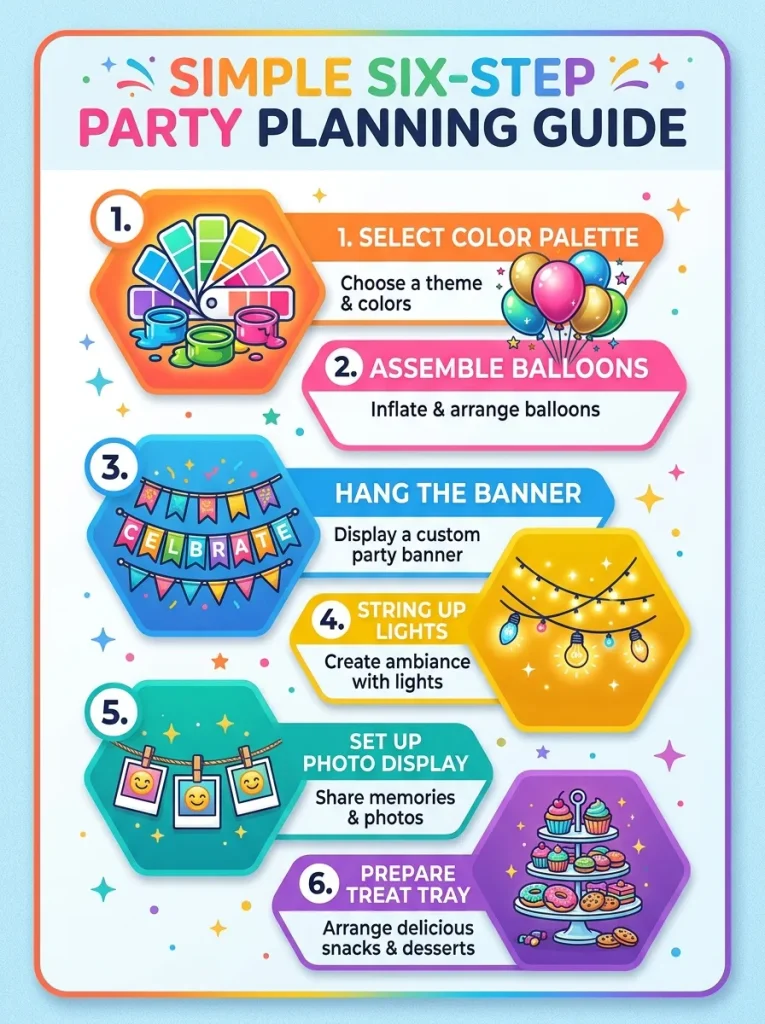 Six steps for bedroom birthday decoration ideas: color, balloons, banner, lights, photos, and treats.