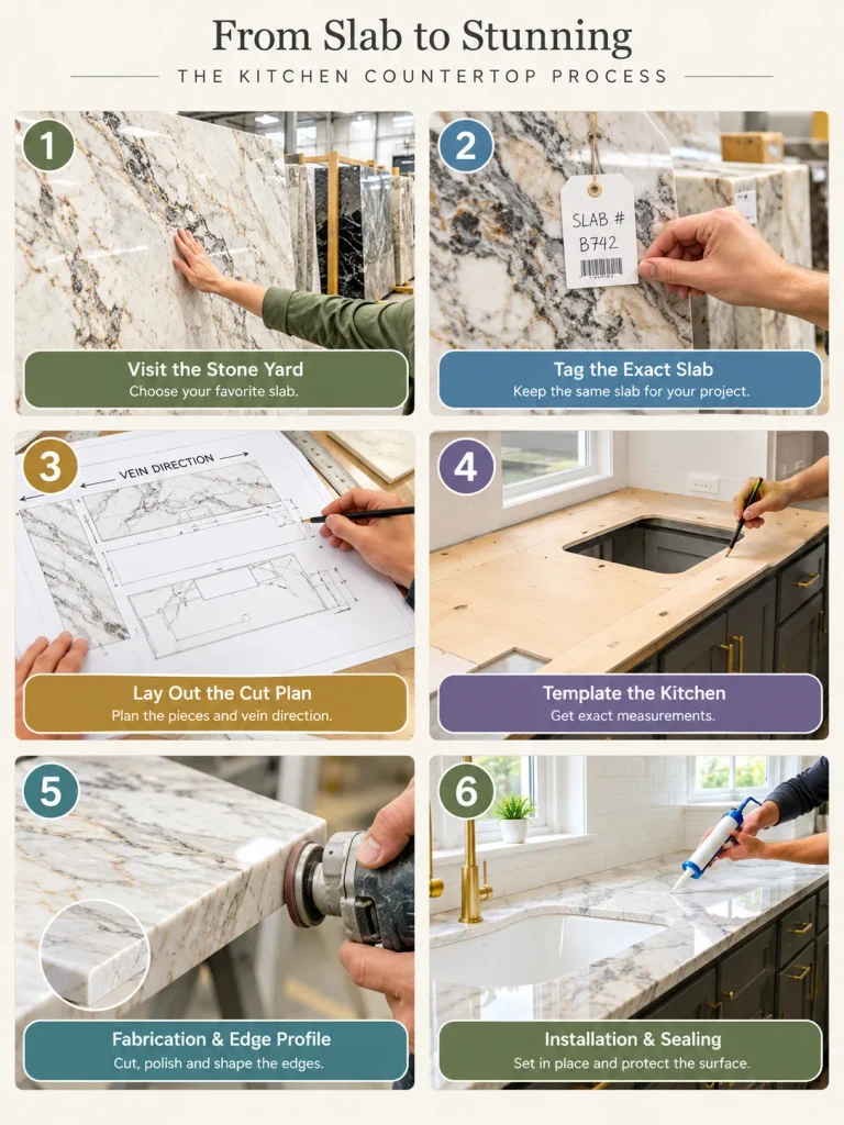 Six steps to buy and install Calacatta Viola marble including slab selection, layout, templating, and sealing