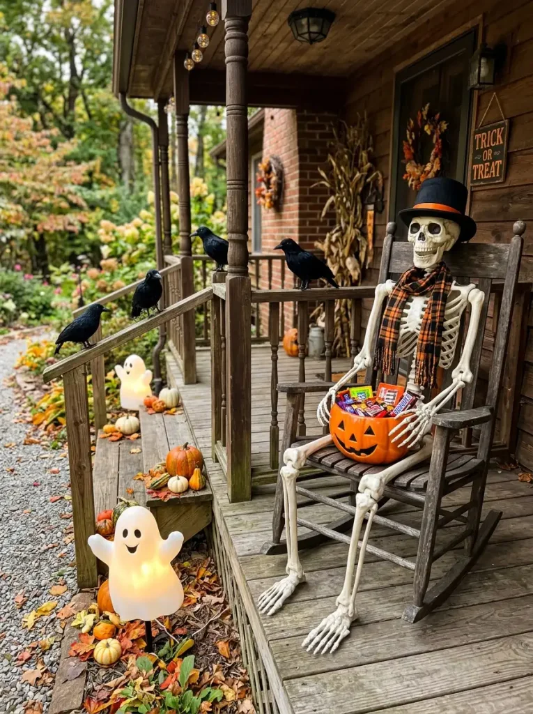 Skeleton in rocking chair with ghosts and crows as Halloween porch decorations