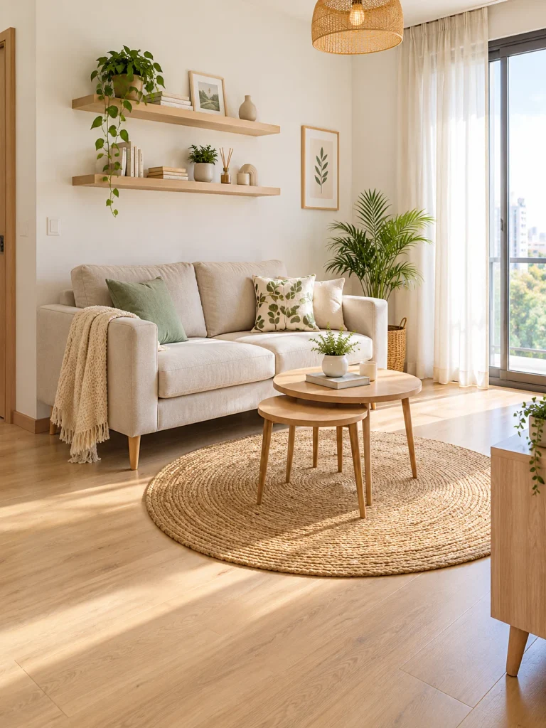 Small apartment living room with two seater sofa, nesting tables, and floating shelves that save floor space