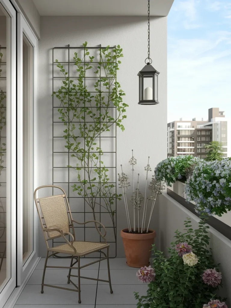 Small balcony with metal trellis, metal flower stakes, and hanging lantern as garden decor metal
