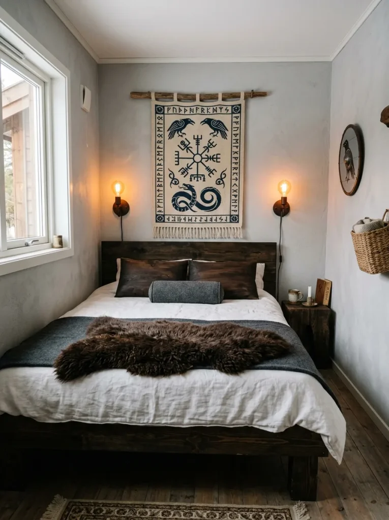 Small bedroom with simple viking bedroom decor using a tapestry and fur throw