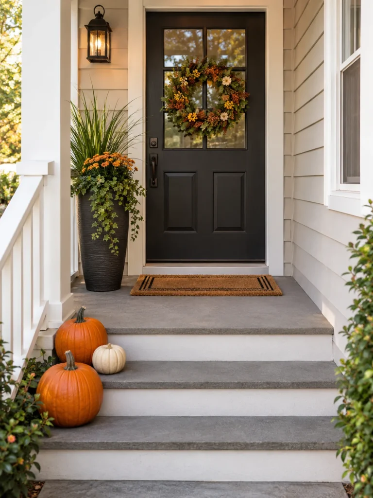 Small front porch autumn decor with wreath, tall planter, and pumpkins on the steps