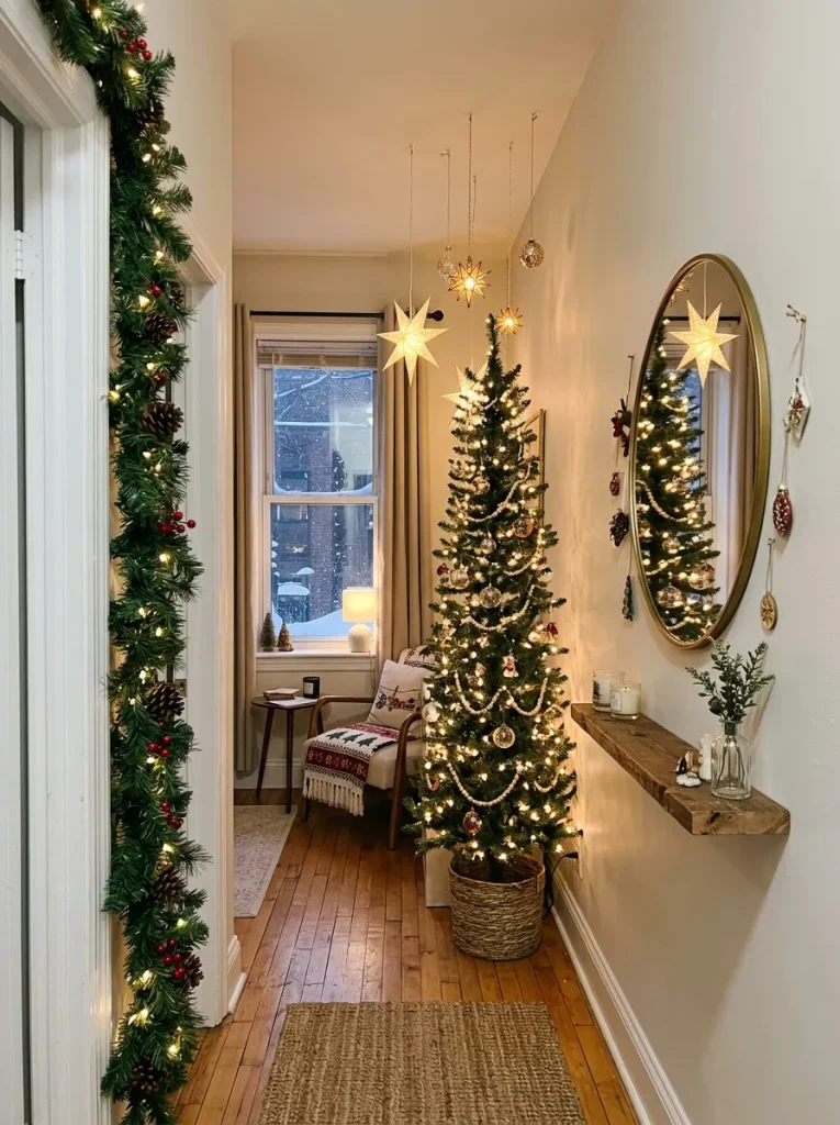Small living room decorated for Christmas with a slim tree and wall wreath