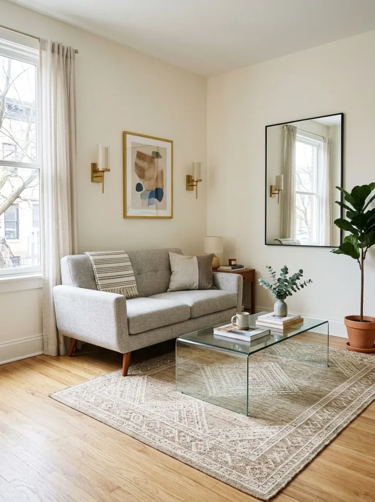 Small living room ideas using slim furniture, a mirror, wall sconces, and a large rug