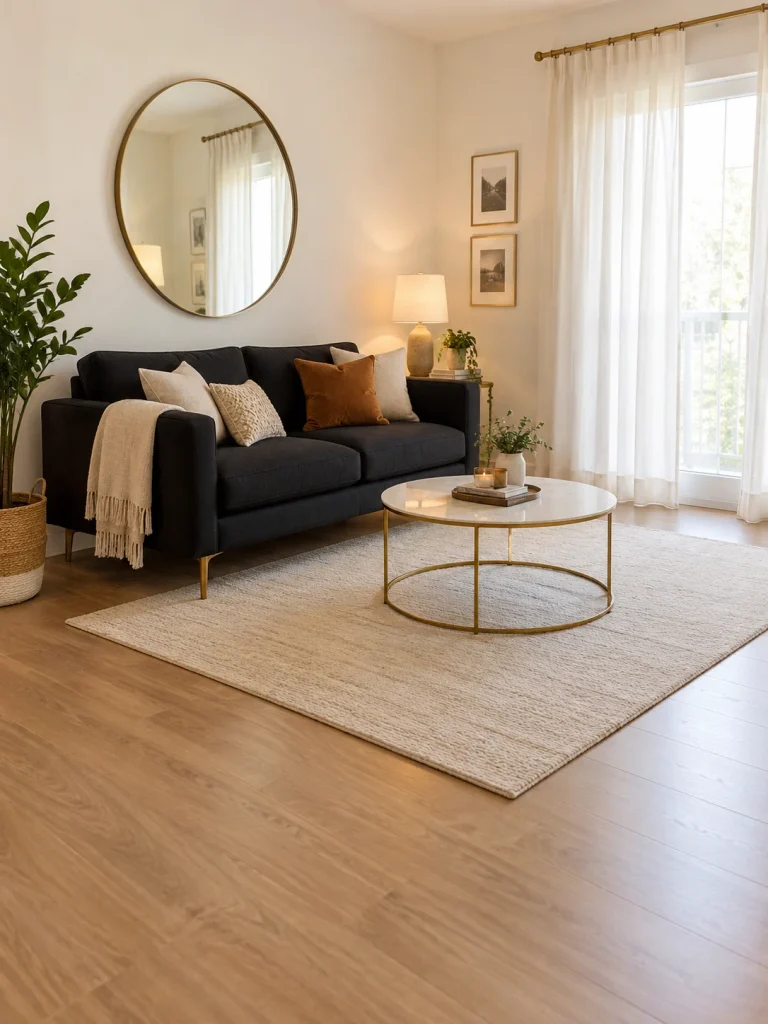 Small living room with black two seater sofa, mirror, and light rug